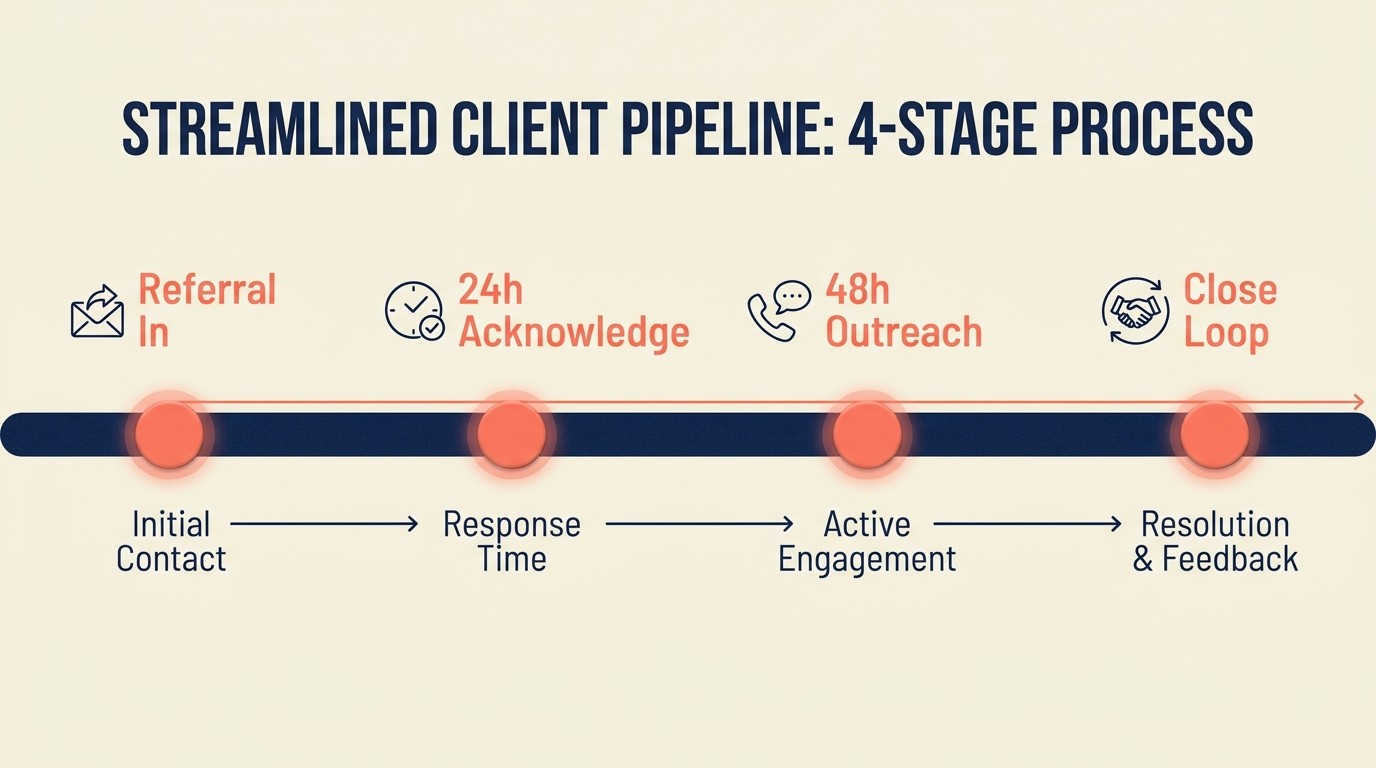 Workflow pengambilan rujukan yang merangkumi kelayakan, respons 24-48 jam, menutup gelung, dan atribusi CRM