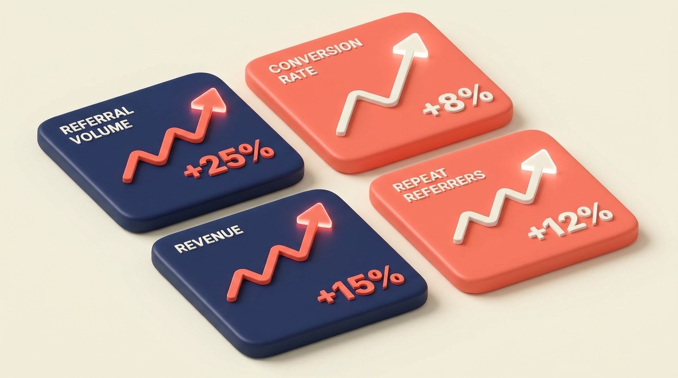 Dashboard yang menjejak jumlah rujukan, kadar penukaran, hasil, dan ROI untuk mengukur kesihatan program dan tempoh bayar balik
