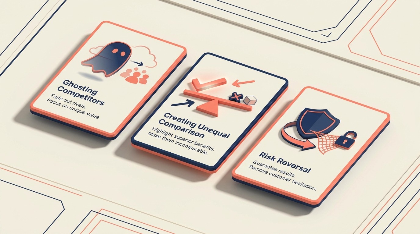Tiga taktik pembezaan yang divisualisasikan: membayangi pendekatan pesaing, mewujudkan perbandingan tidak sama rata, dan membalikkan risiko pembeli