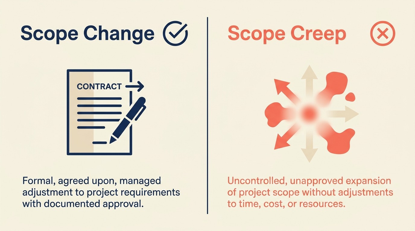 Gambar rajah yang membezakan scope creep daripada perubahan skop, menunjukkan pengembangan kerja tanpa kebenaran berbanding pelarasan skop yang diluluskan secara formal