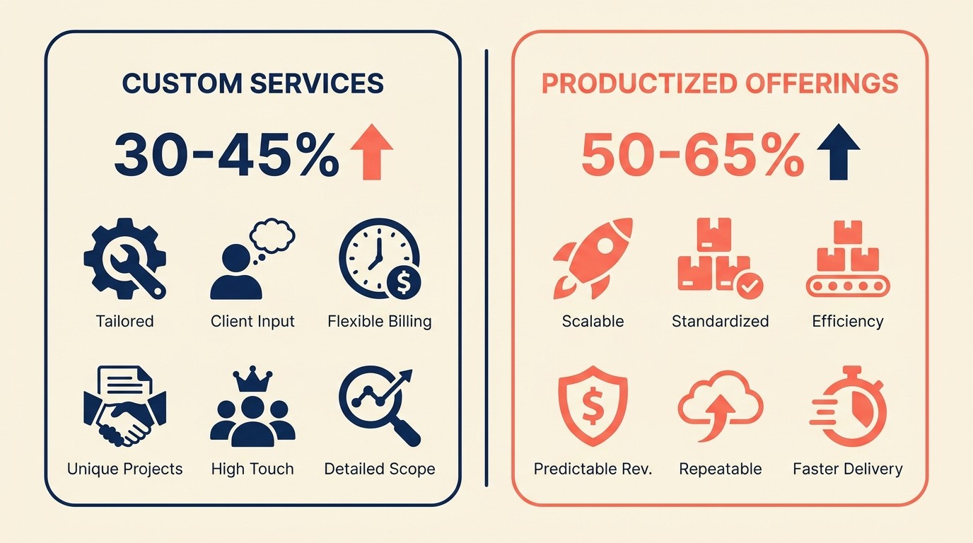 Economía de márgenes y escalado de servicios productizados versus trabajo personalizado