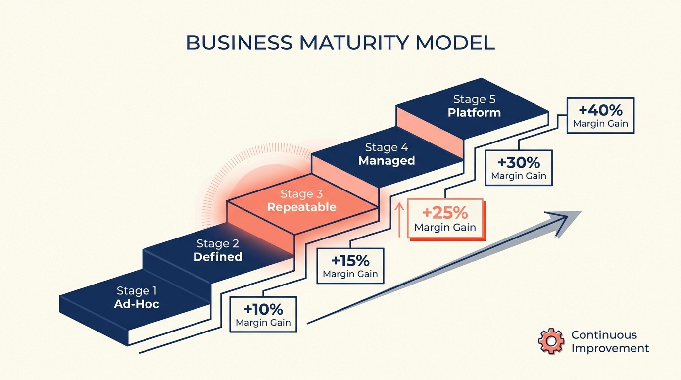 Modelo de madurez de productización de cinco etapas desde la etapa ad hoc hasta la plataforma