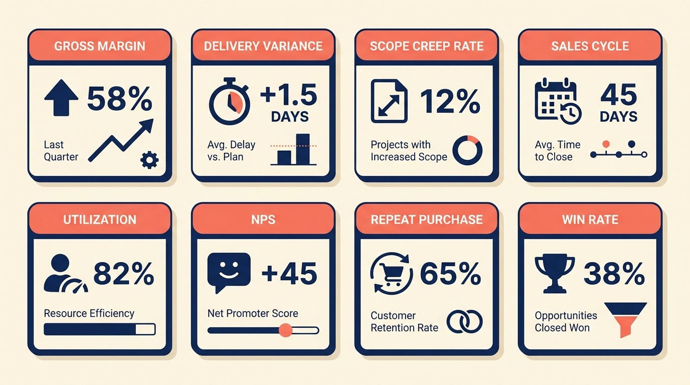 Dashboard de métricas clave de productización que incluye margen, desviación de alcance y tasa de victorias