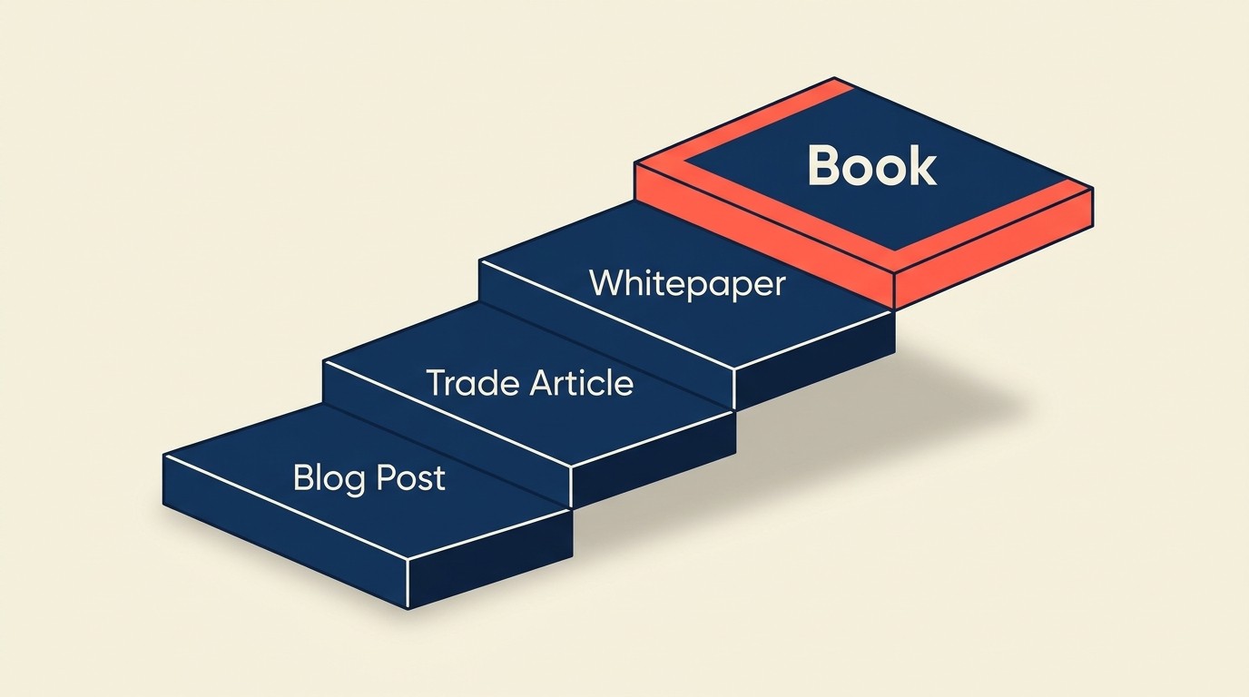 Tangga penerbitan dari artikel blog kepada whitepaper kepada buku, setiap anak tangga menambah kredibiliti dan umur panjang carian