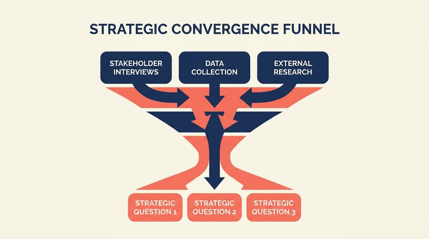 Framework de la fase de descubrimiento con entrevistas a stakeholders, recolección de datos y enmarcado de preguntas estratégicas