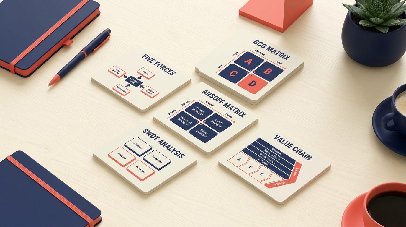 Referencia de frameworks estratégicos core con las Cinco Fuerzas de Porter, la Matriz BCG y la Matriz de Ansoff