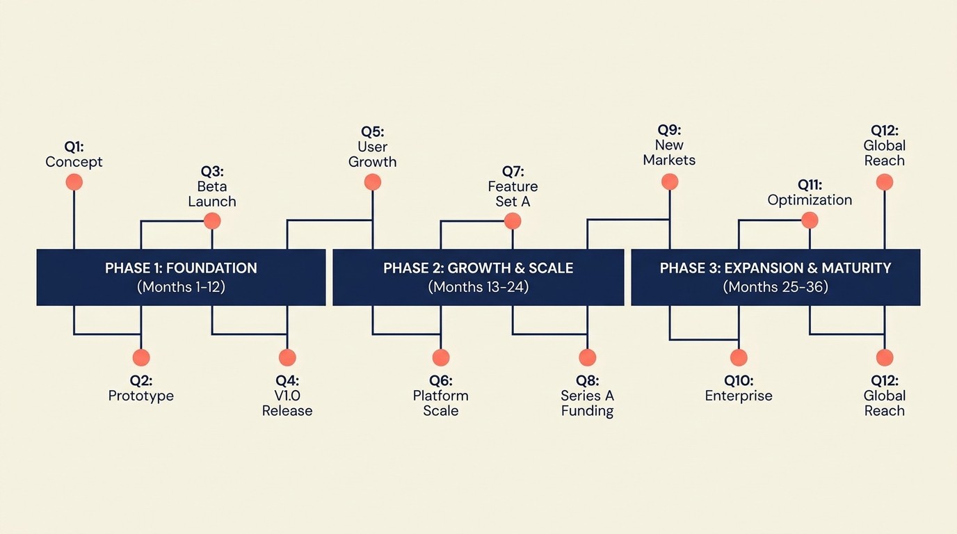 Roadmap de implementación con iniciativas por fases, gobernanza y seguimiento de KPIs durante 12-36 meses