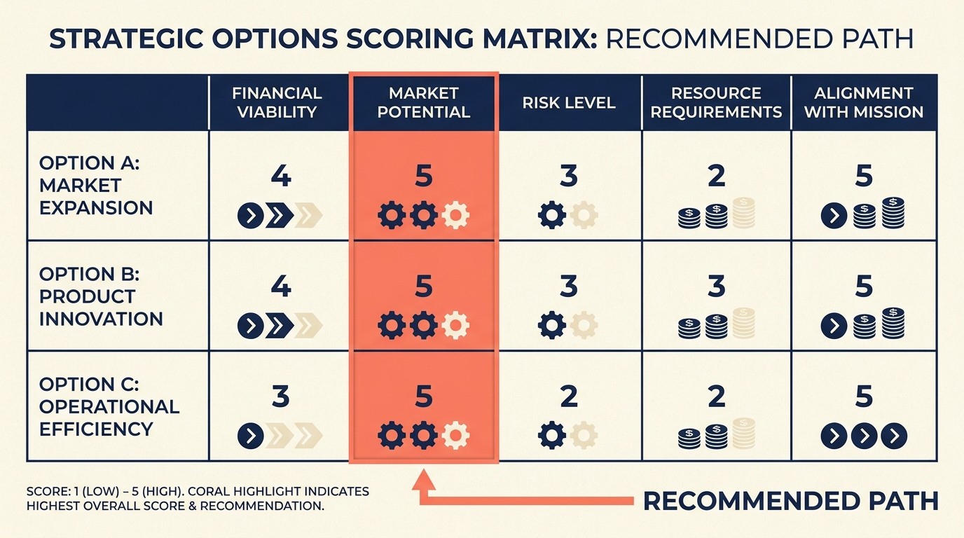 Matriz de evaluación de opciones que puntúa alternativas estratégicas según retornos financieros, ajuste y riesgo