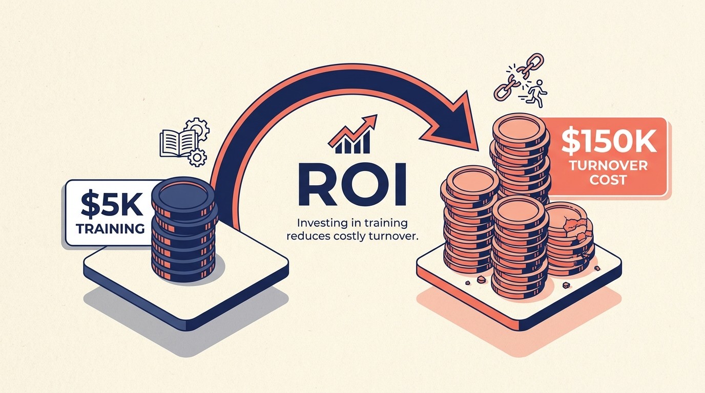 ROI pengembangan talenta menunjukkan biaya turnover 1,5x hingga 2,5x gaji dibandingkan biaya pelatihan per orang