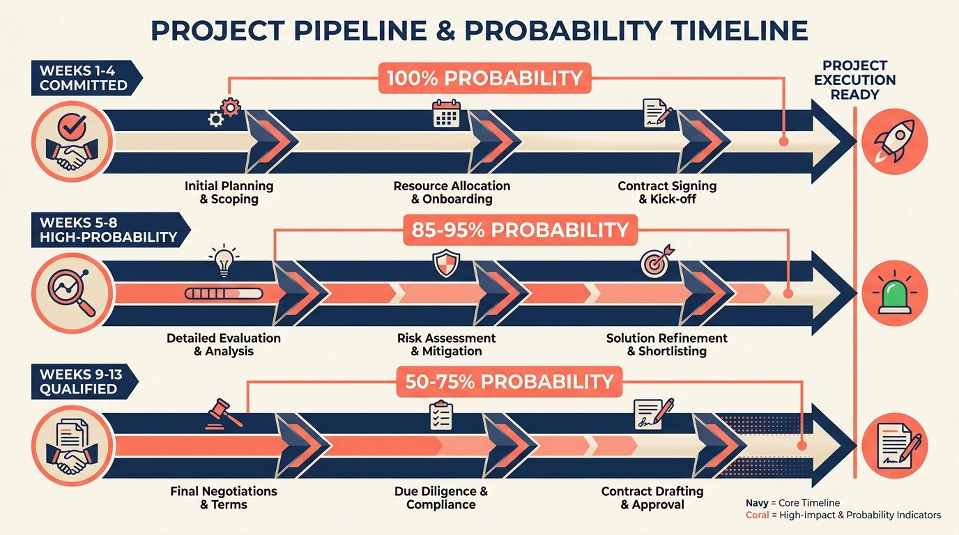 Horizonte de planificación de capacidad de 13 semanas dividido en trabajo comprometido, Pipeline de alta probabilidad y oportunidades calificadas