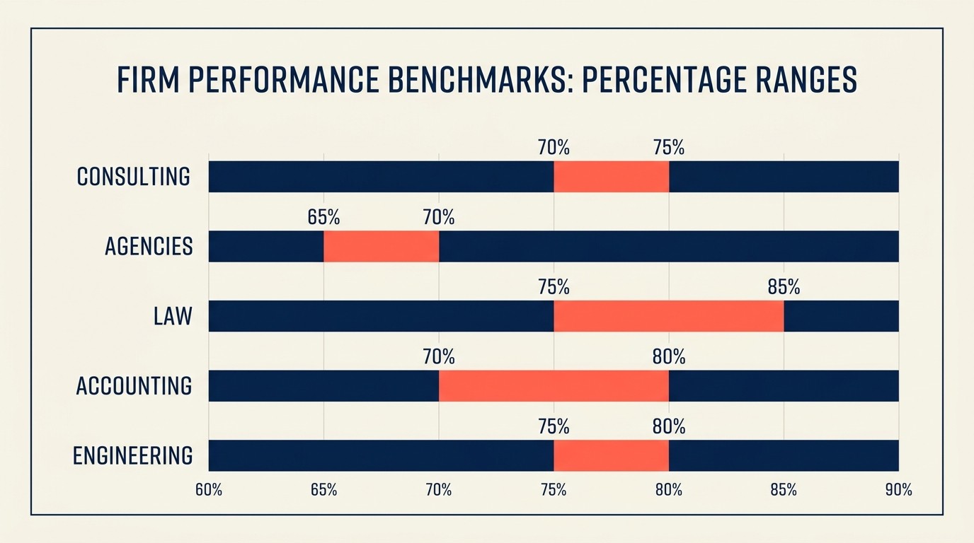 Rangos de benchmark de utilización para firmas de consultoría, agencias, derecho, contabilidad e ingeniería, mostrando tasas de utilización objetivo por tipo de servicio