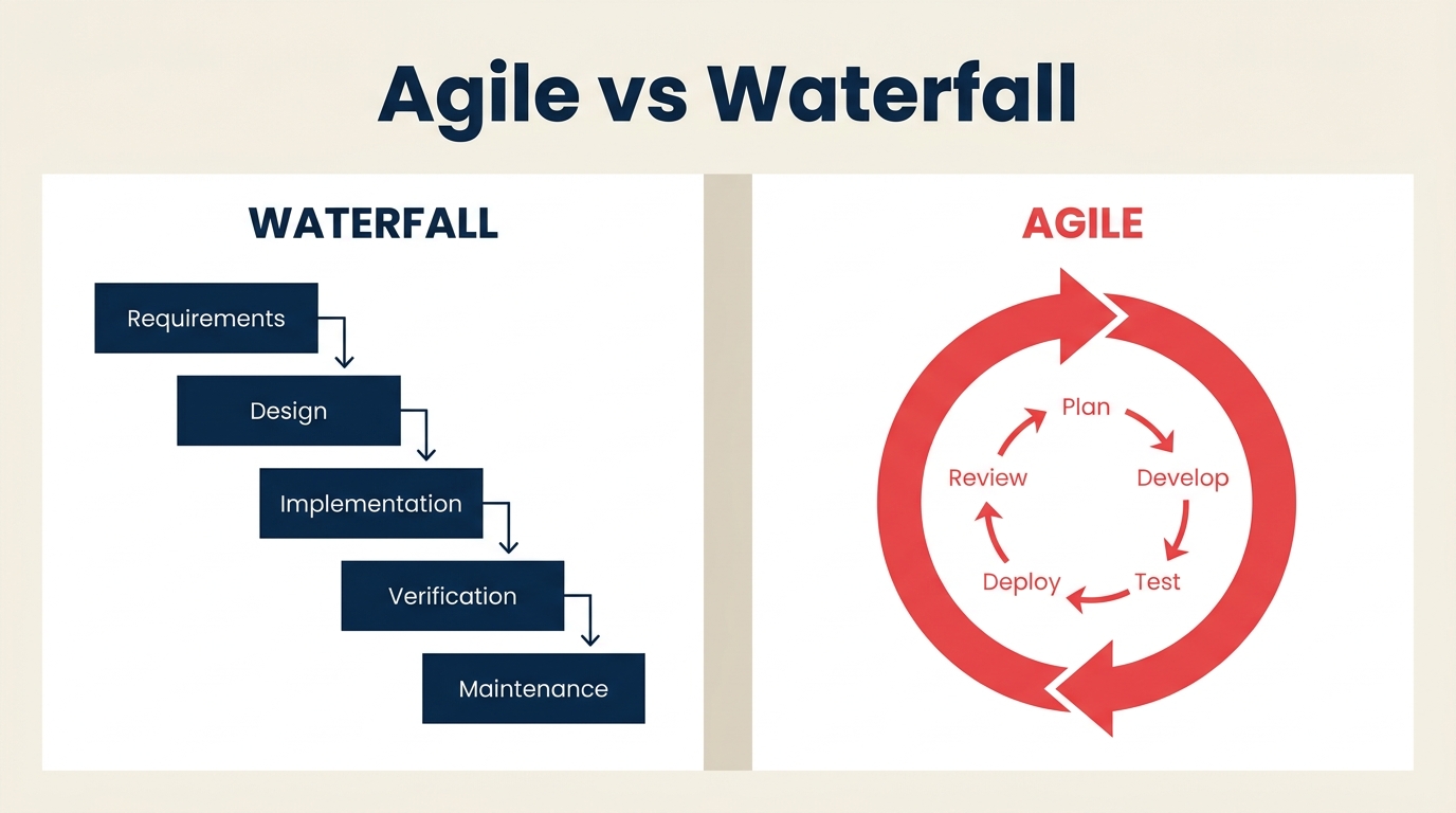 Diagrama de comparação lado a lado entre Agile e Waterfall
