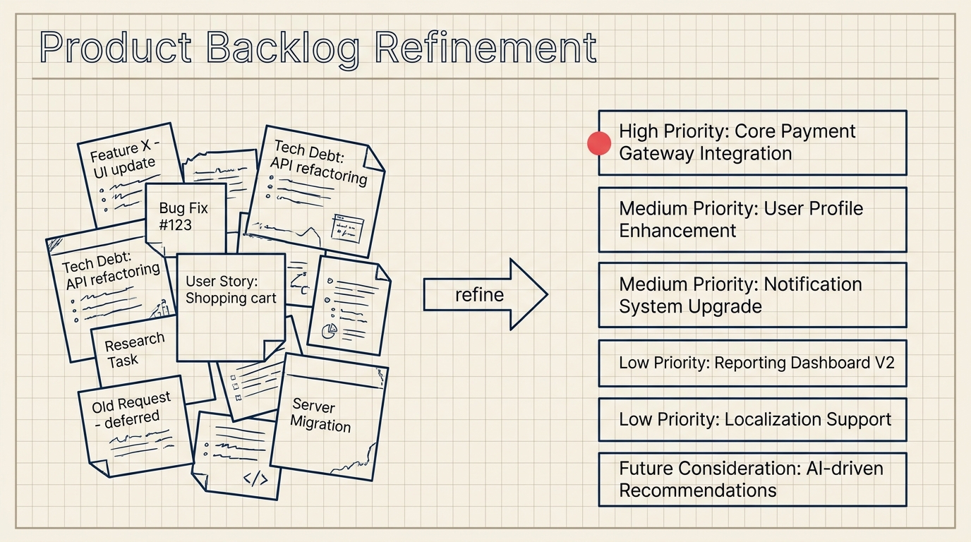 Backlog Refinement: messy stack passing through a sorting comb into a neat ordered stack