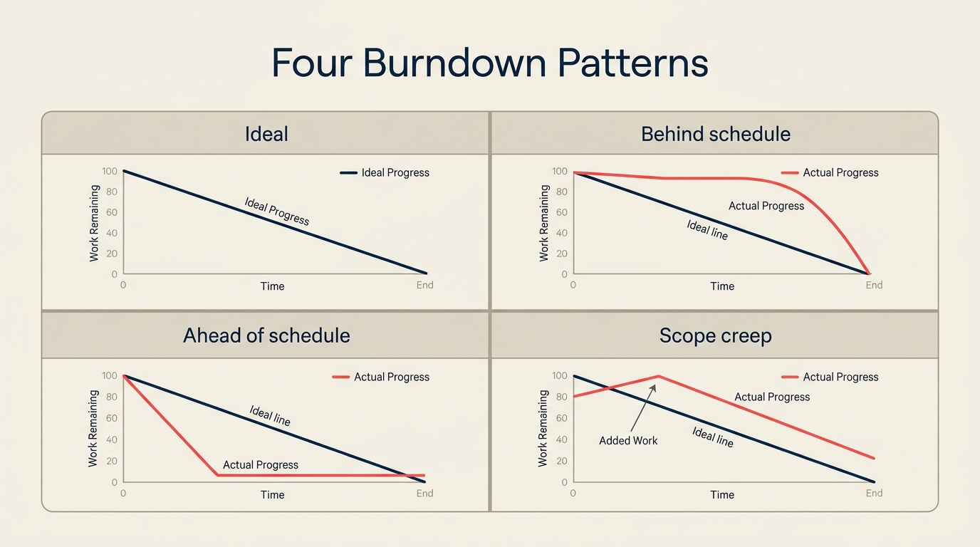 Cuatro patrones de Burndown chart: ideal, atrasado, adelantado, expansión del alcance