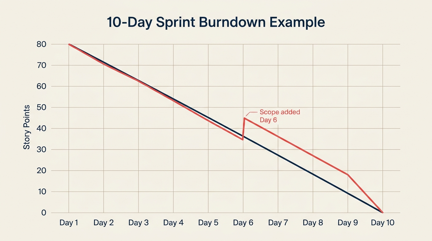 Ejemplo de Burndown chart para un Sprint de 10 días que muestra expansión del alcance el día 6