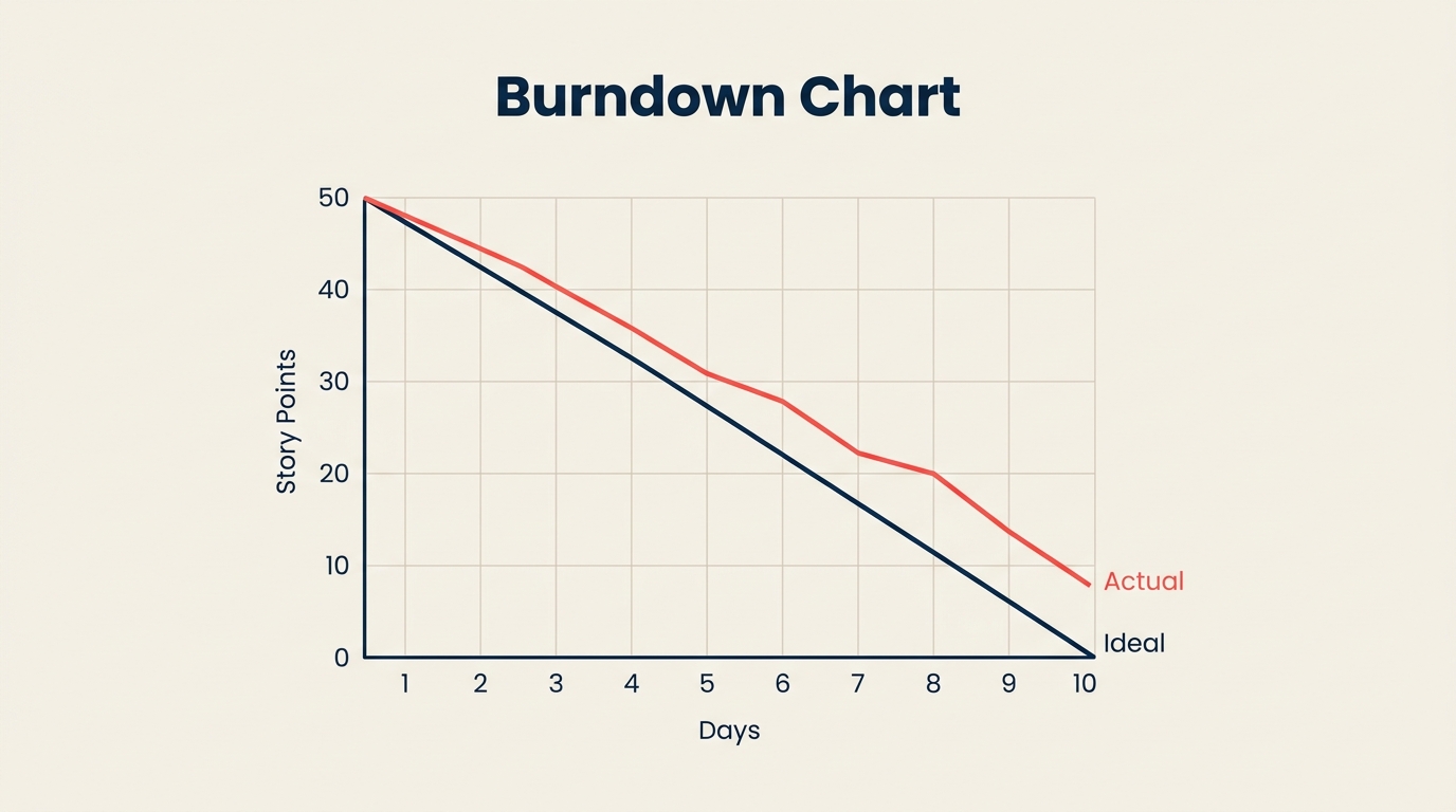 Burndown Chart Explained: declining line held against a straight reference ruler