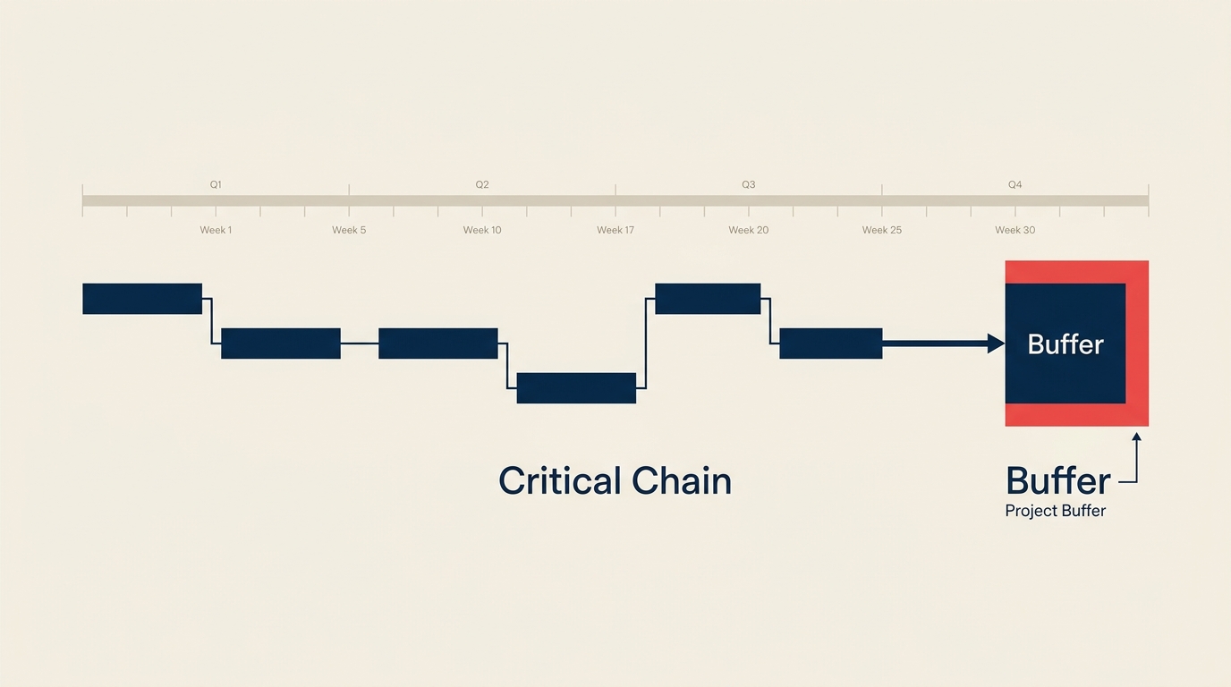 Critical Chain Project Management illustrated by a resource-constrained project chain threading through one narrow gate and ending in a protected buffer cushion