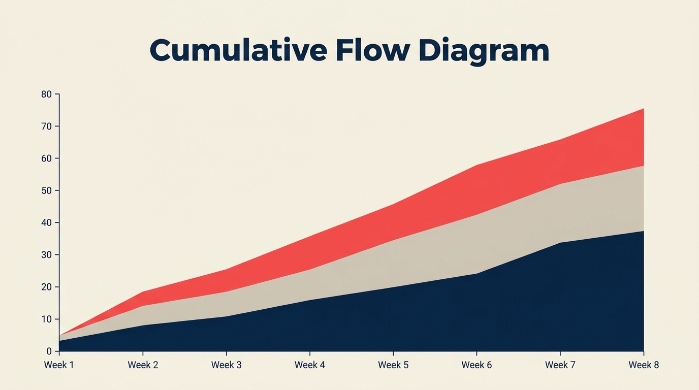 Cumulative flow diagram with stacked workflow bands revealing WIP and bottlenecks