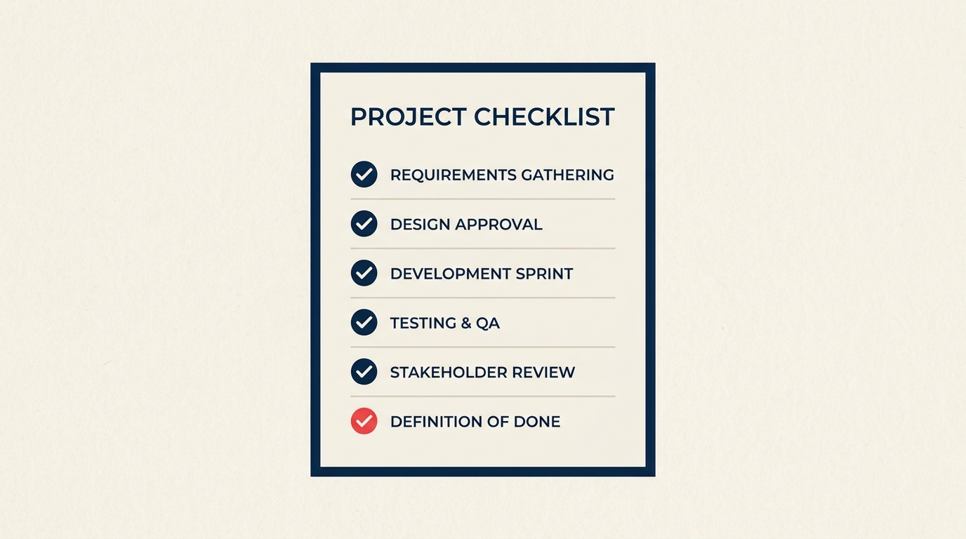 Checklist da Definition of Done com marcas de verificação azul-marinho e uma marca final em coral sinalizando que o trabalho está completo