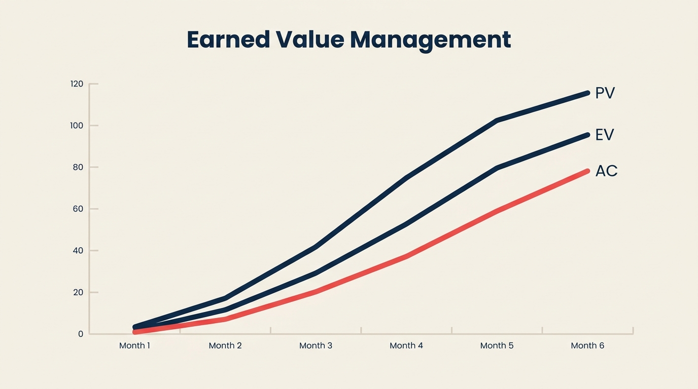 Earned Value Management shown as a project control instrument combining a scope block, schedule arc, and cost dial into one forecast needle