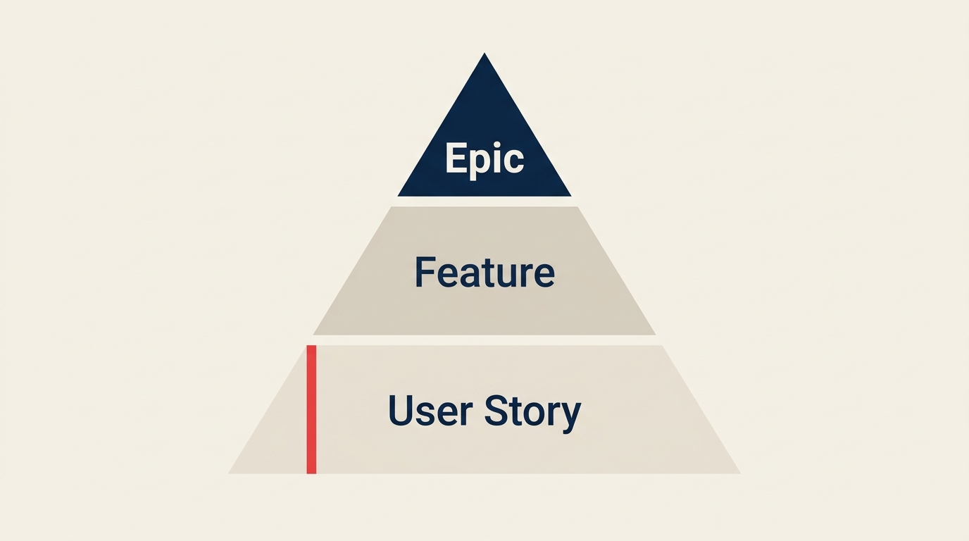 Epics vs Features vs User Stories visual showing multiple-sprint epic, shippable feature, sprint-sized story.