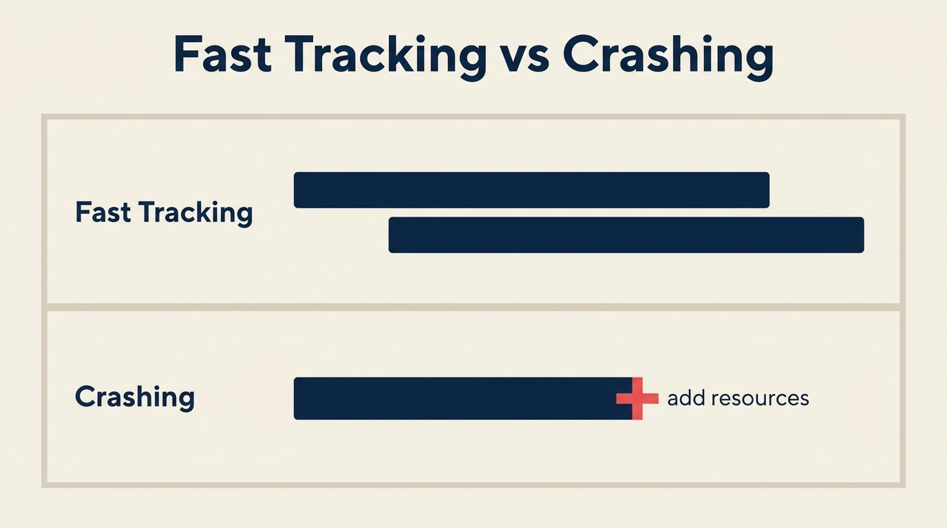 Vergleichsinfografik zur Terminverdichtung: Fast-Tracking vs. Verkürzung durch Ressourceneinsatz
