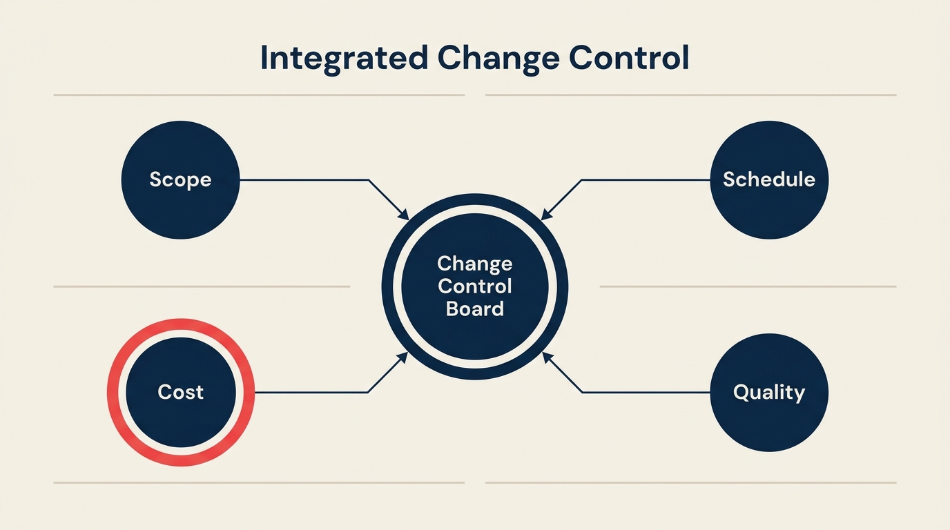 Integrated Change Control: change request token held inside a five-sided impact lens before a decision gate