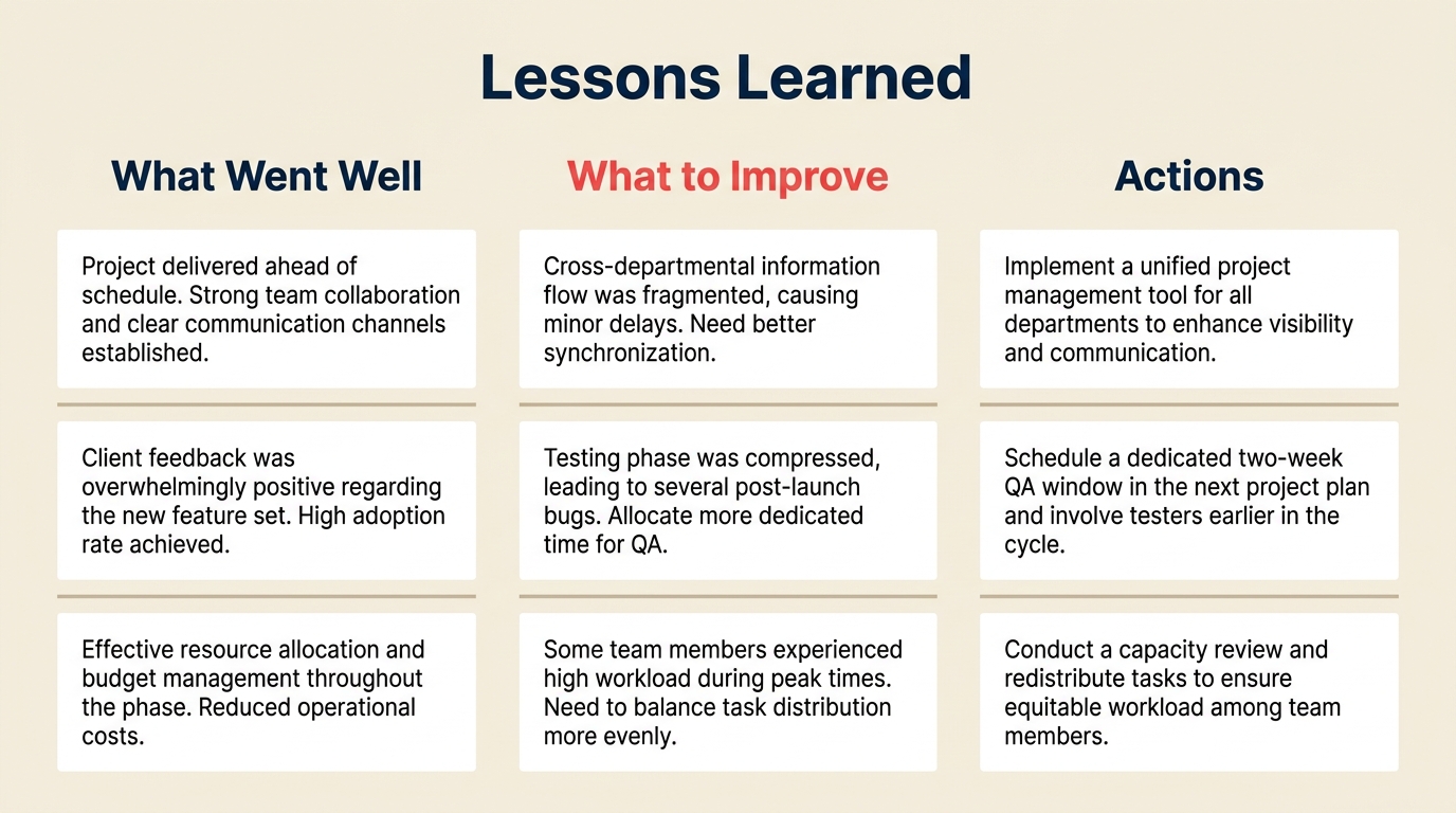 Papan retrospektif lessons learned yang menunjukkan kolom apa yang berjalan baik, apa yang perlu ditingkatkan, dan tindakan