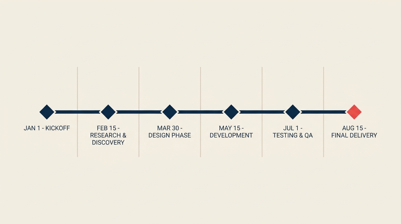 Milestone chart with dated diamond checkpoints on a simple timeline