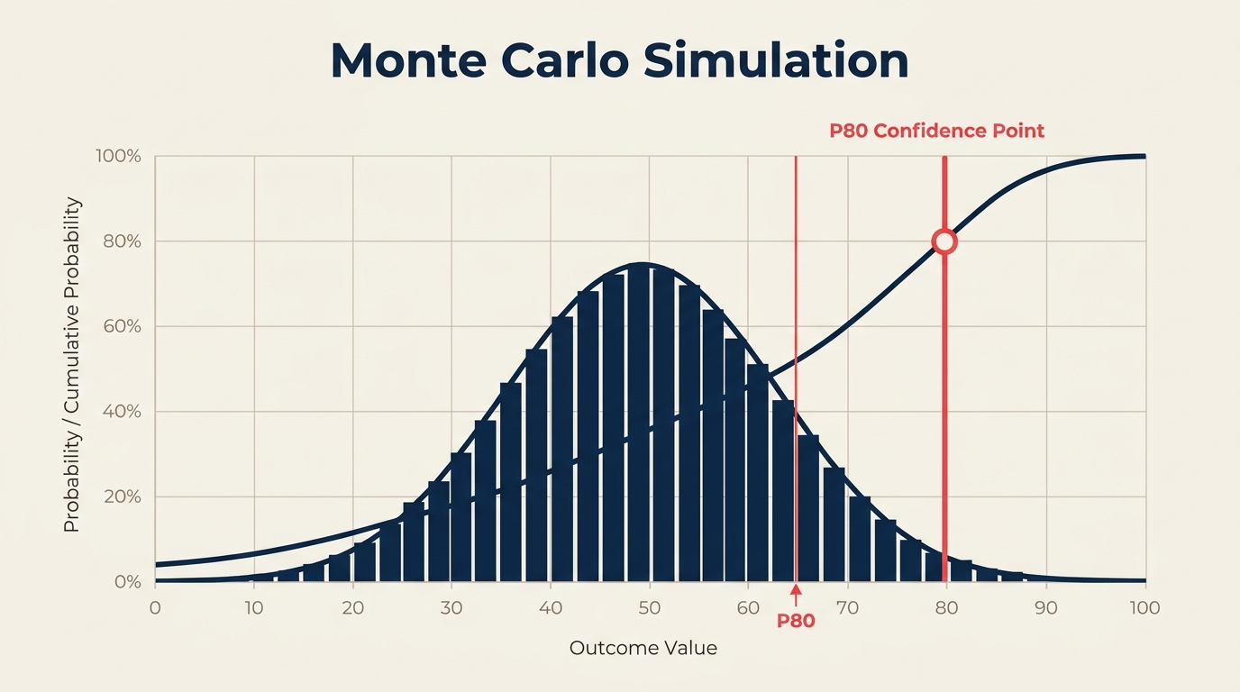 Wahrscheinlichkeitsverteilungskurve der Monte-Carlo-Simulation für den Projektabschluss