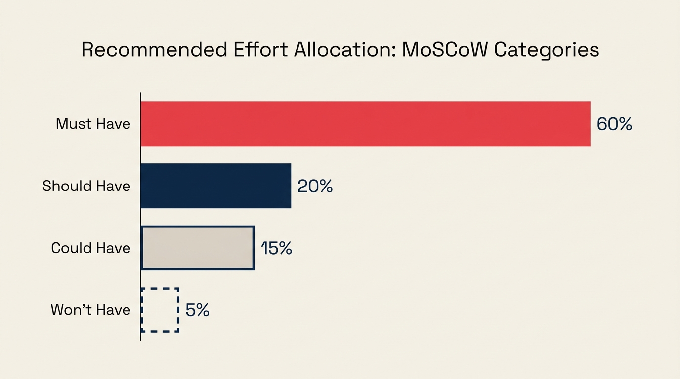 Distribución de esfuerzo recomendada entre las categorías de prioridad MoSCoW