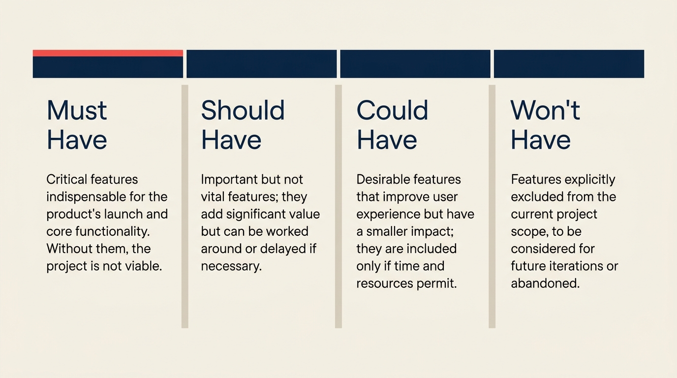 What Is the MoSCoW Method? visual showing four categories and delivery-window constraint.