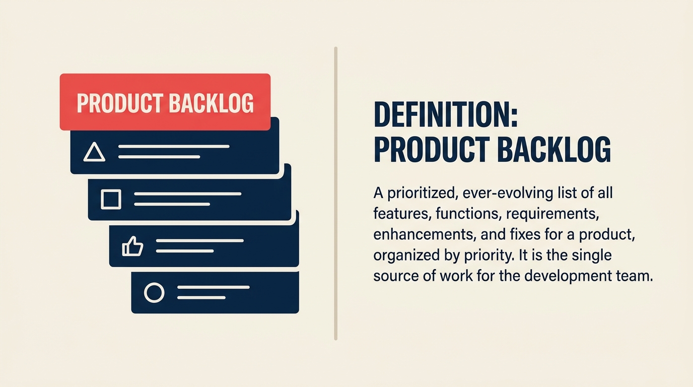 Daftar Product Backlog yang diprioritaskan berupa kartu-kartu dengan kartu teratas disorot, menggambarkan pengelolaan backlog agile