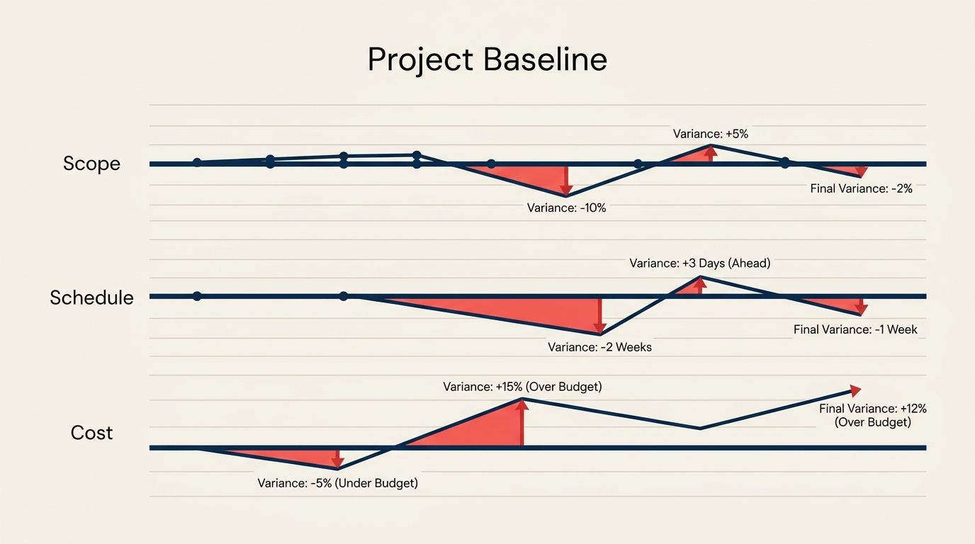 What Is a Project Baseline? visual showing three locked gauges aligned to actual line