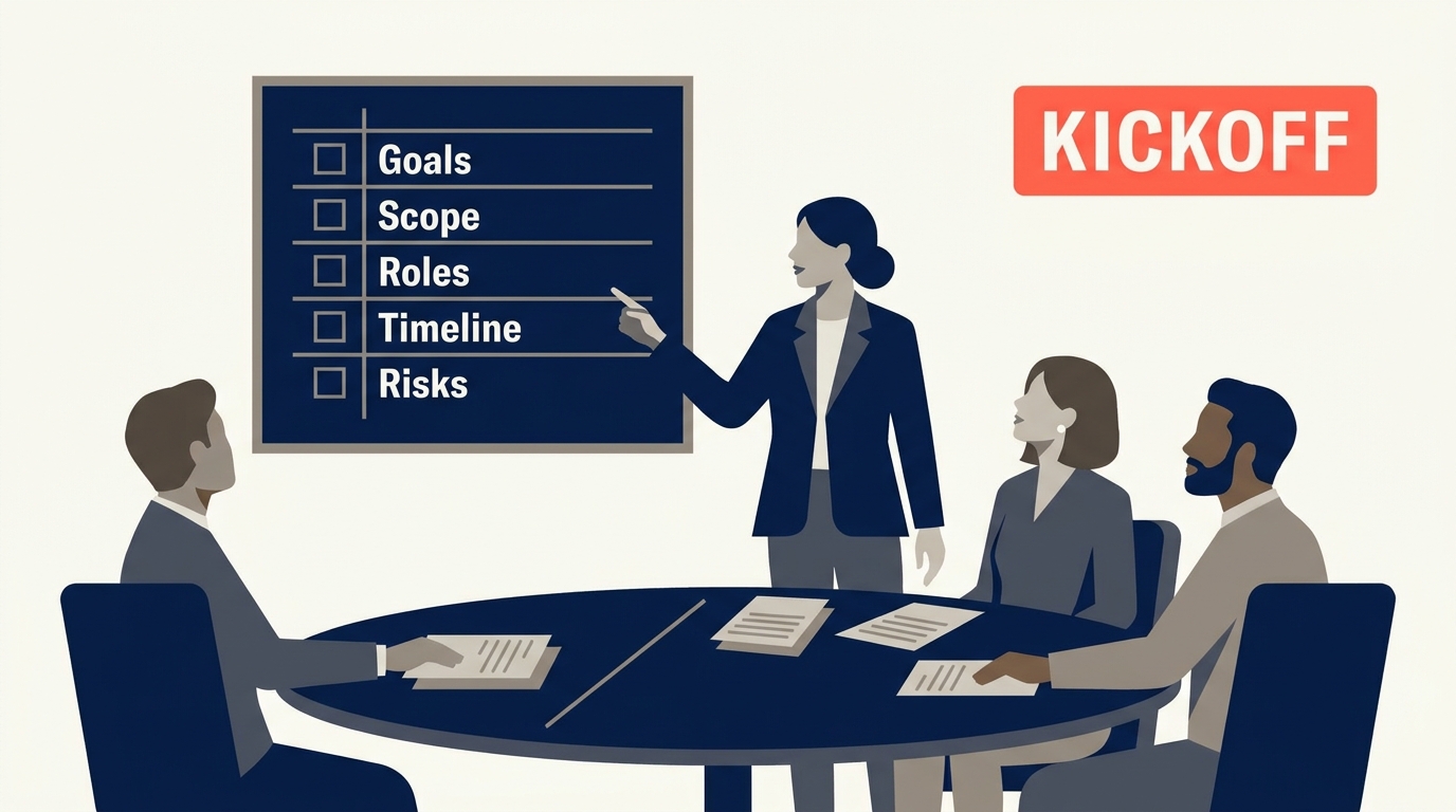 Project kickoff alignment table with scope, roles, milestones, and communication artifacts