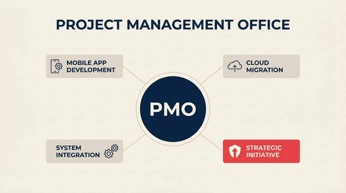 Project Management Office shown as a central governance lens aligning several differently shaped project folders into one orderly portfolio shelf