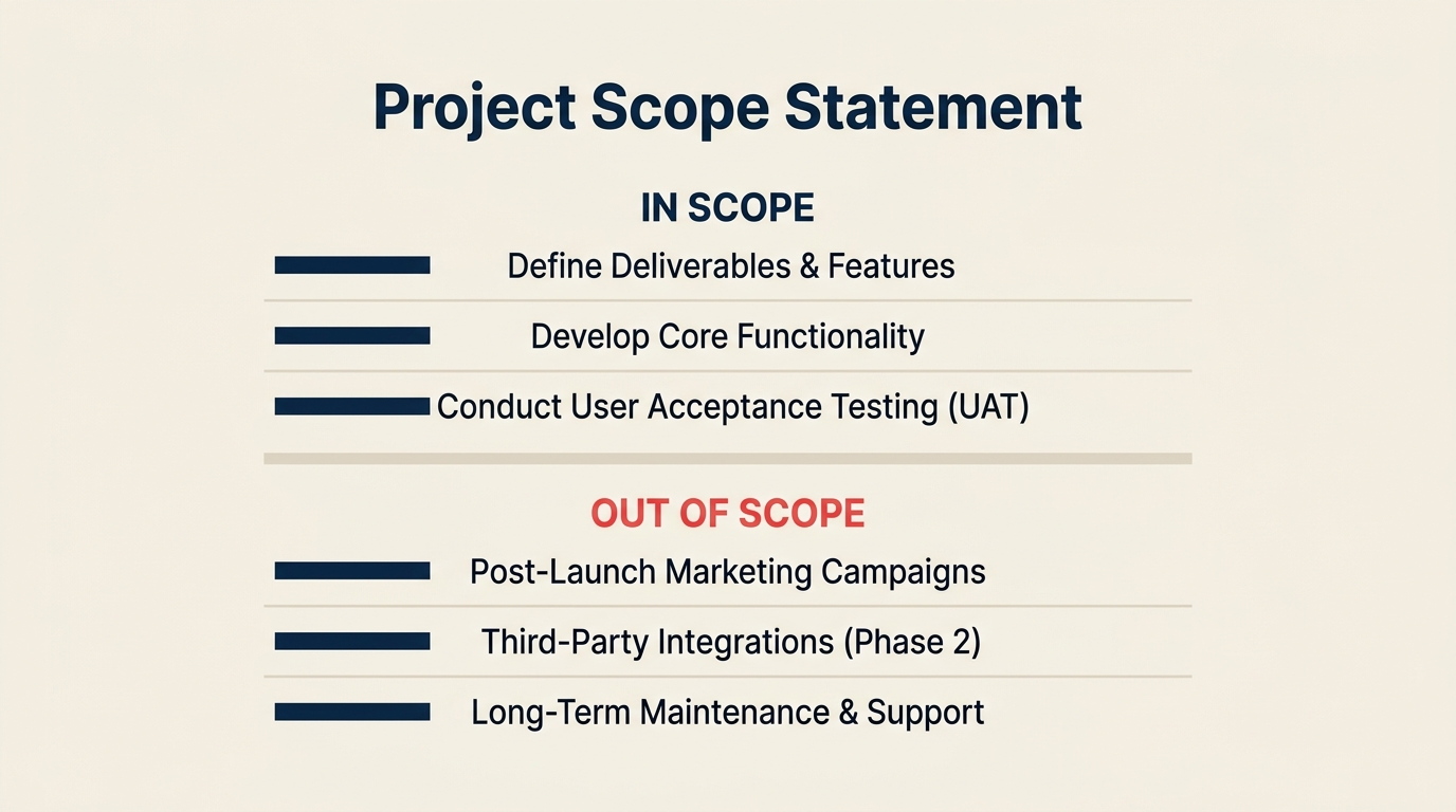 What Is a Project Scope Statement? illustrated with open signed scope document inside a boundary frame