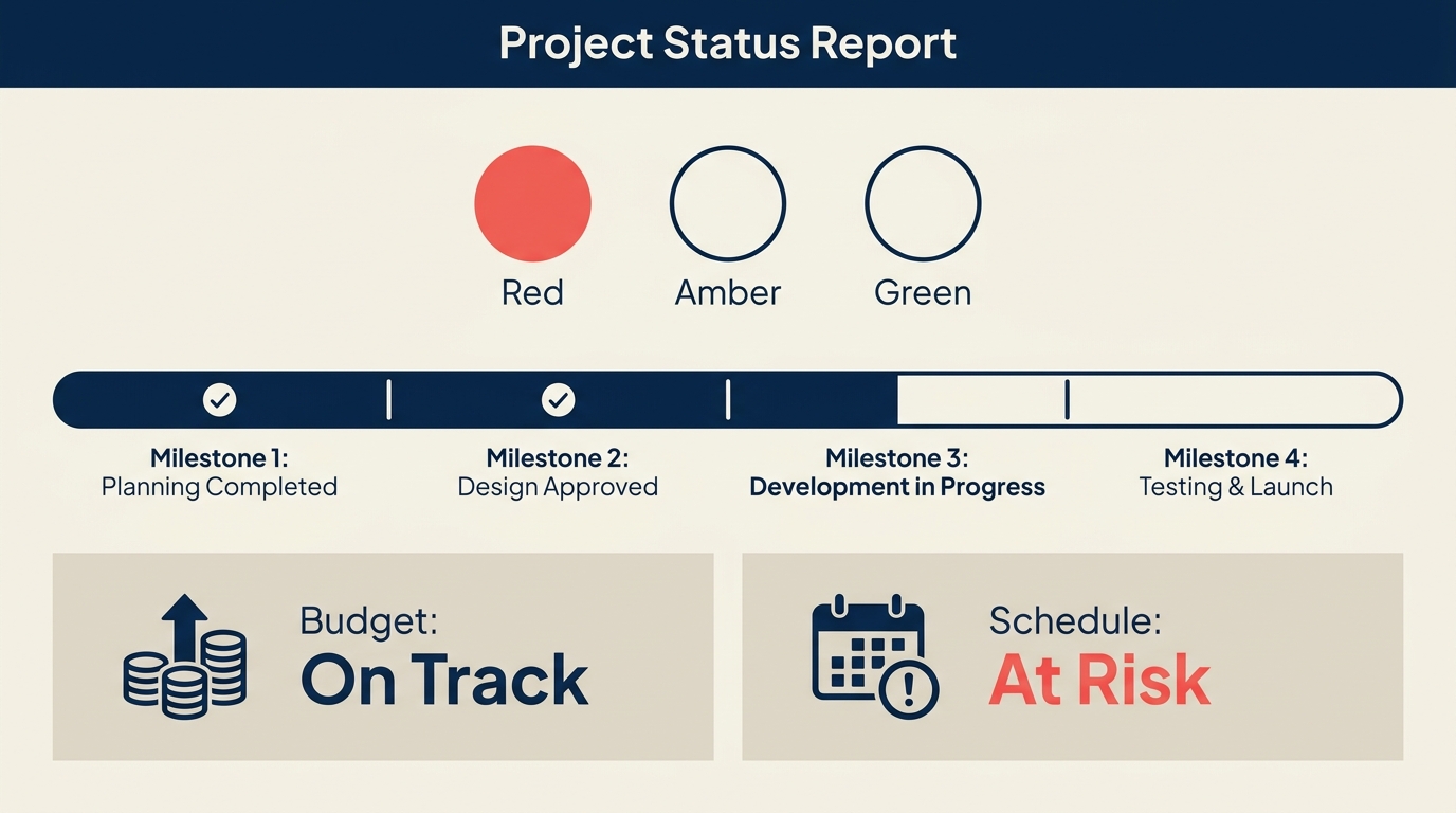 Painel de relatório de status de projeto mostrando indicador RAG, barra de marcos e blocos de KPI