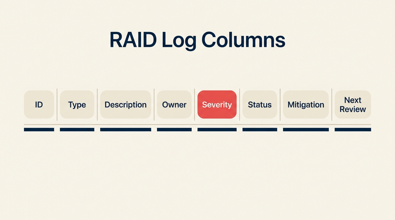 Estructura de columnas del RAID log con ID, tipo, responsable, gravedad, estado