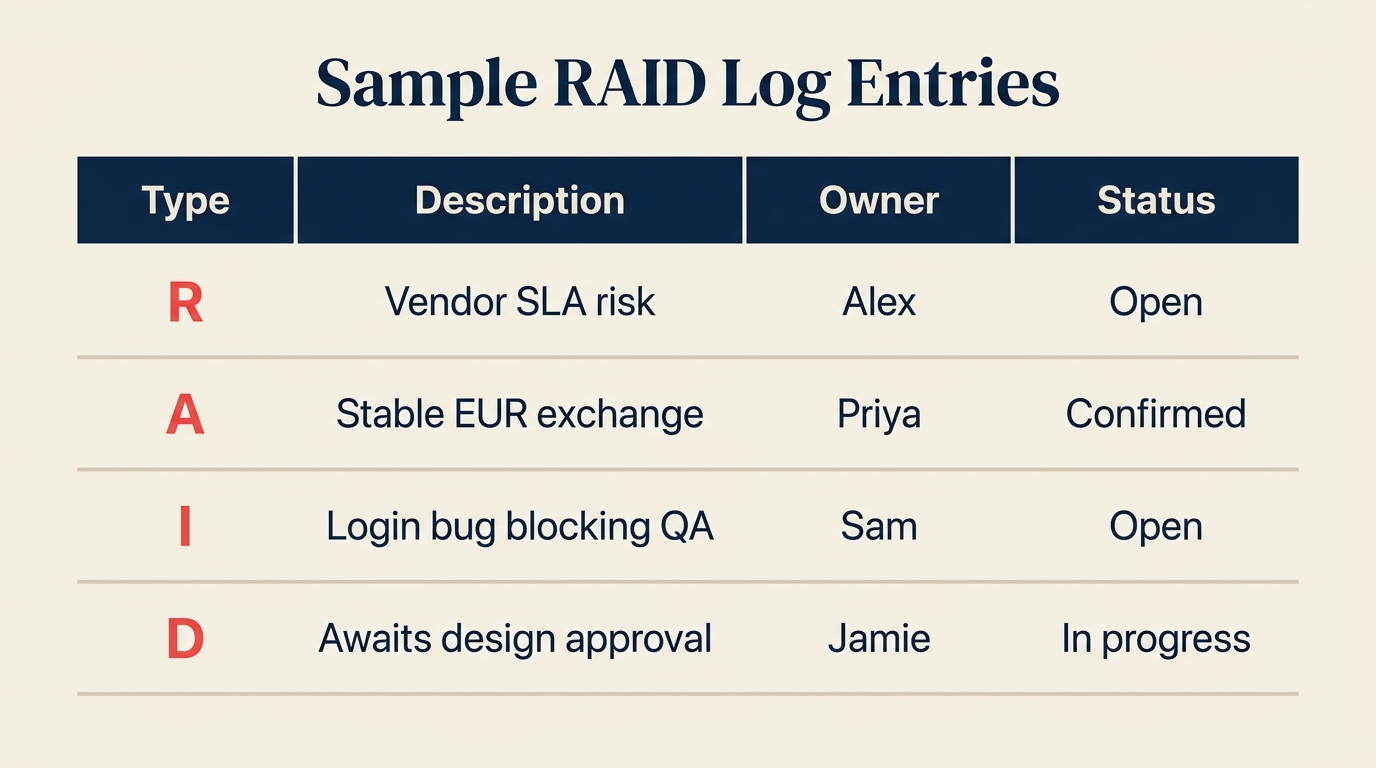 Entradas de ejemplo del RAID log mostrando un riesgo, un supuesto, un incidente y una dependencia