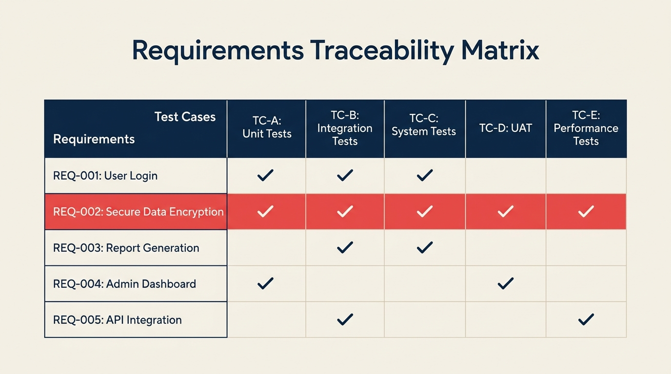 Requirements Traceability Matrix shown as a traceability lens following one requirement token through design, build, test, and approval artifacts without losing the thread