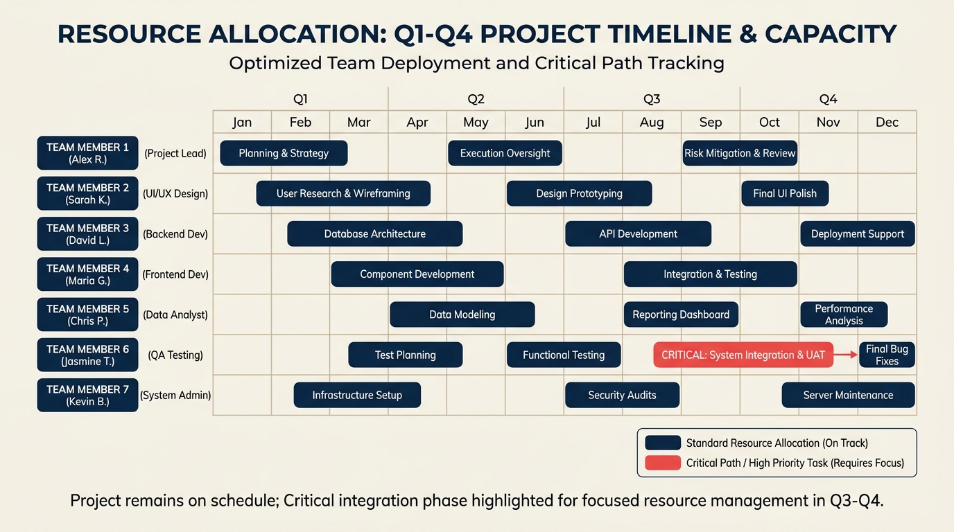 Gráfico de asignación de recursos que asigna miembros del equipo a tareas del proyecto a lo largo de una línea de tiempo