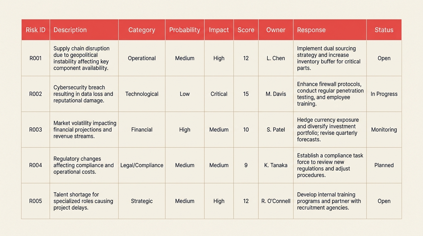What Is a Risk Register? visual showing probability, impact, owner, response.