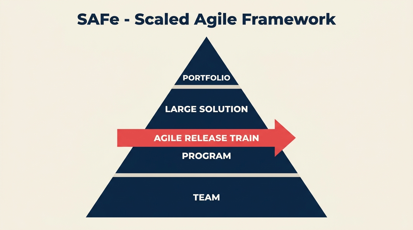 Rajah piramid SAFe Scaled Agile Framework menunjukkan peringkat Team, Program, Large Solution, dan Portfolio dengan Agile Release Train
