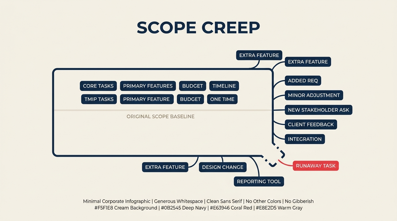Diagrama de expansión del alcance que muestra el límite de un proyecto ampliándose a medida que tareas adicionales superan la línea del alcance original