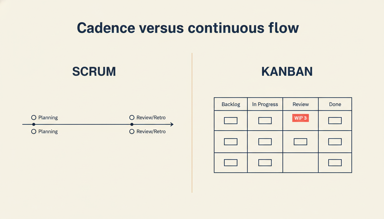 Comparação lado a lado do ciclo de Sprint do Scrum e do quadro de fluxo contínuo do Kanban com limites de WIP