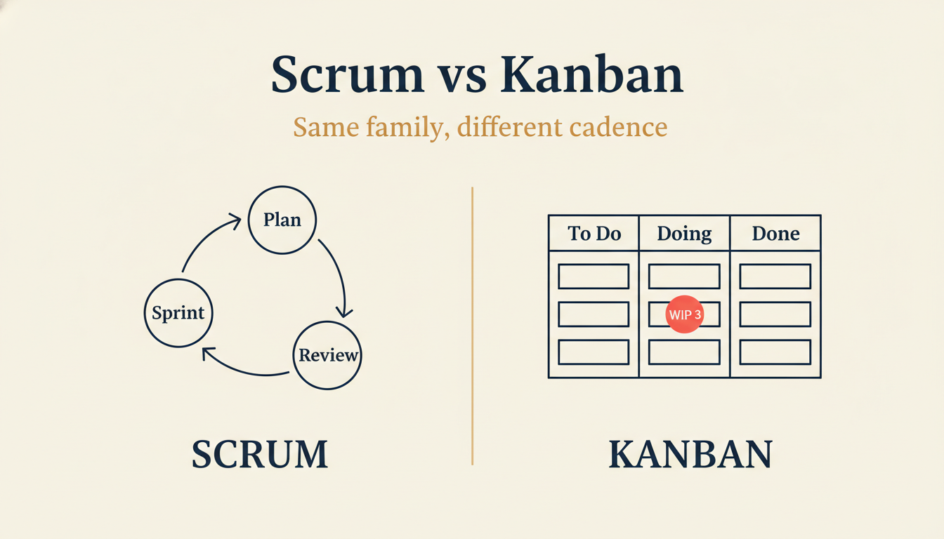 Scrum vs Kanban shown as a wide direct comparison: a circular sprint cadence with a reset point versus a continuous flowing board constrained by narrow gates
