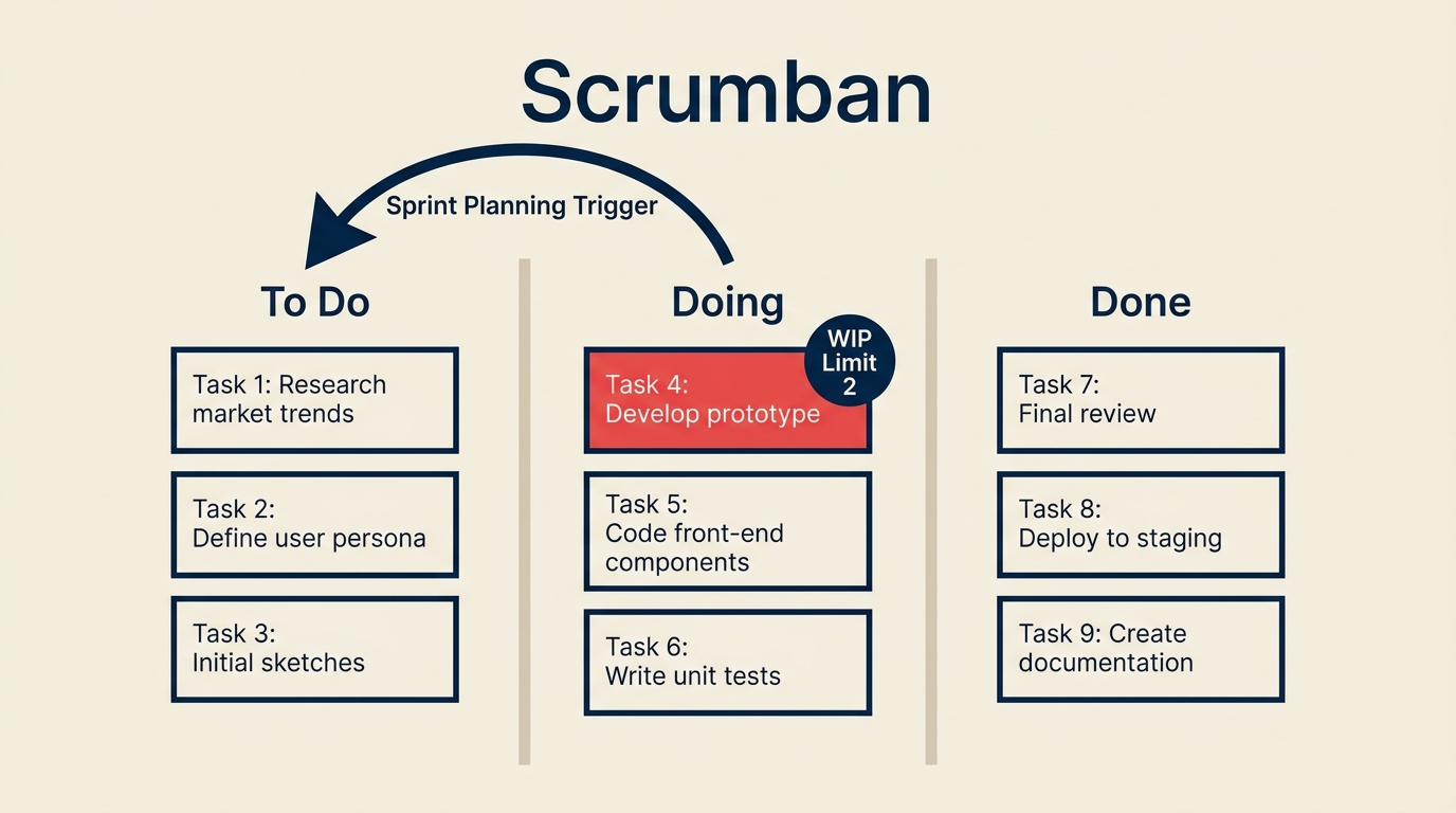 What Is Scrumban? illustrated with interlocking loop and flow channel