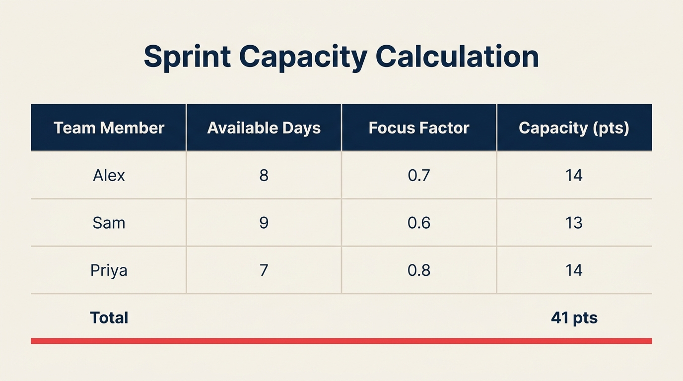 Beispiel der Sprint-Kapazitätsberechnung mit Teamverfügbarkeit und Fokus-Faktor