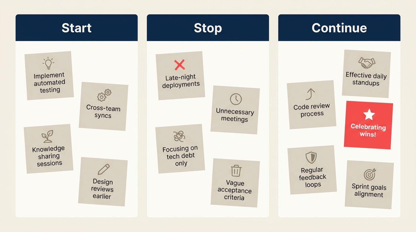 Sprint retrospective board com colunas start, stop, continue